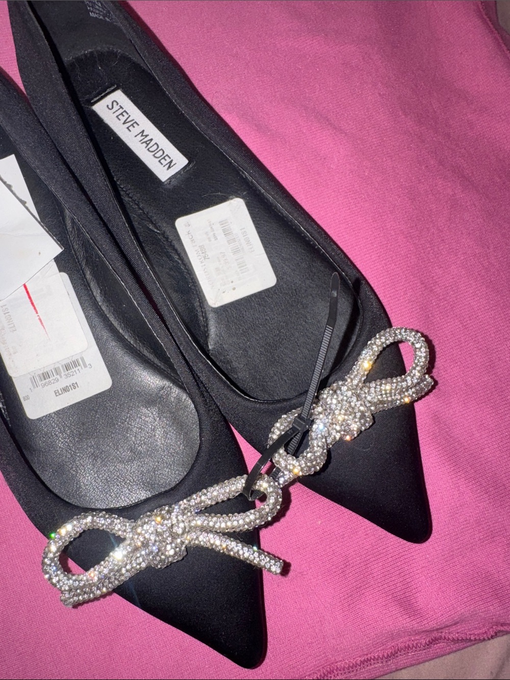 Steve Madden Black Pointed Toe Flats with Crystal Bow